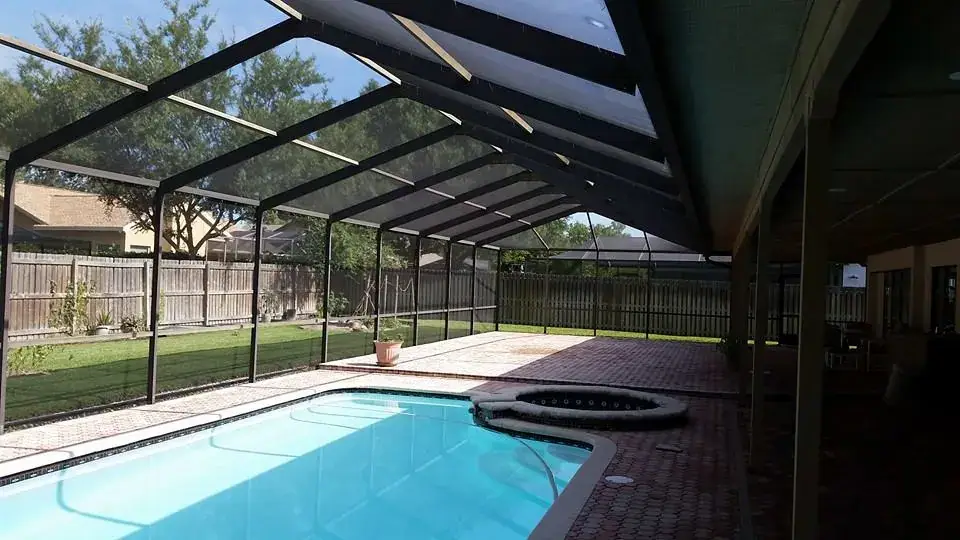 Screened patio with seating showing usable space and walkway clearance