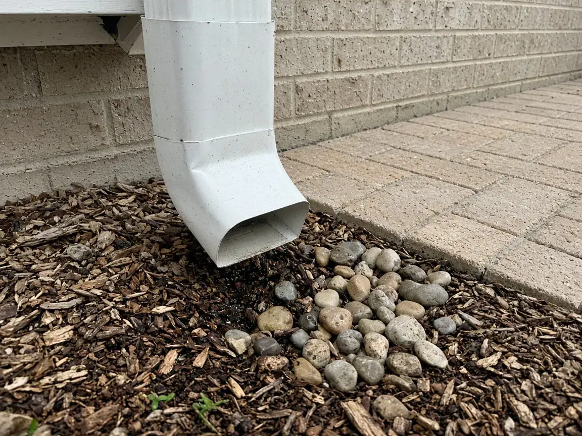 Downspout outlet dropping water onto mulch beside a Florida patio