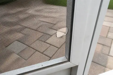 Lanai screen repair in Lakeland, FL: torn fiberglass panel on an aluminum frame