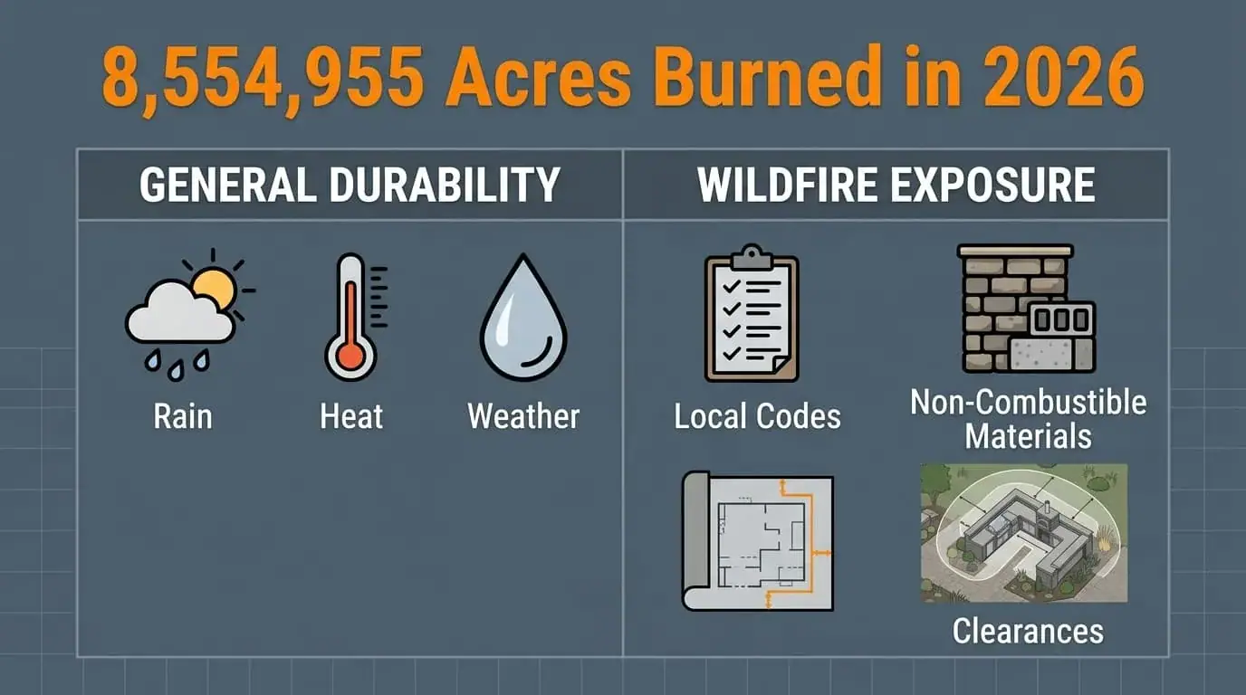 Graphic titled 8,554,955 acres burned in 2026, separating rain, heat, and weather from codes, materials, and clearances