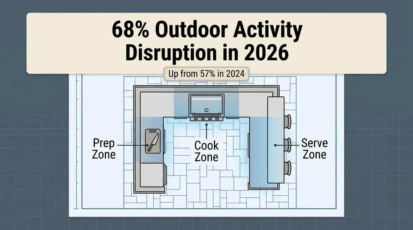 Outdoor kitchen layout labeled prep, cook, and serve zones, noting 68 percent outdoor activity disruption in 2026
