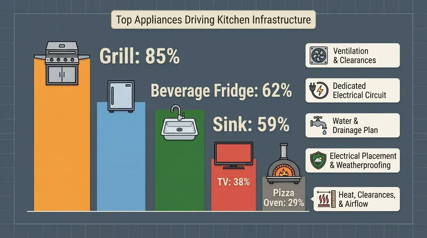 Bar chart of outdoor kitchen appliances from the vendor graphic: grill 85 percent, beverage fridge 62 percent, sink 59 percent, TV 38 percent, pizza oven 29 percent