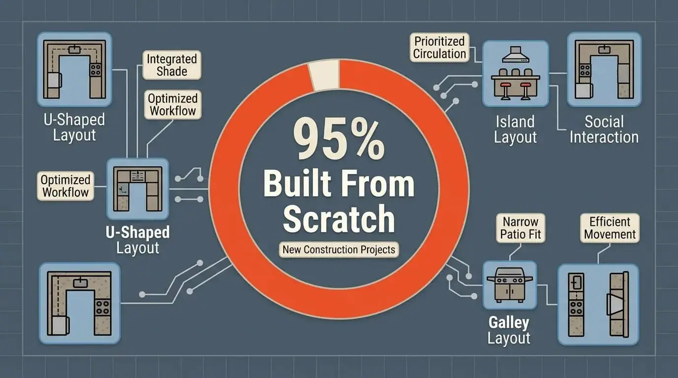 Donut chart titled 95 percent built from scratch, with U-shaped, island, and galley outdoor kitchen layouts