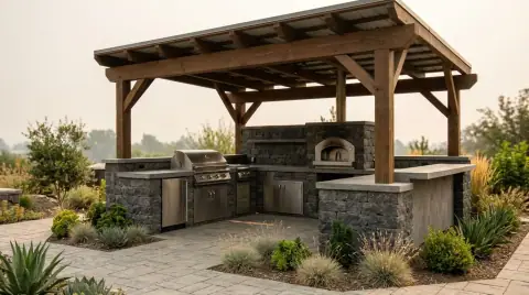 Covered outdoor kitchen with a grill and pizza oven under a timber roof
