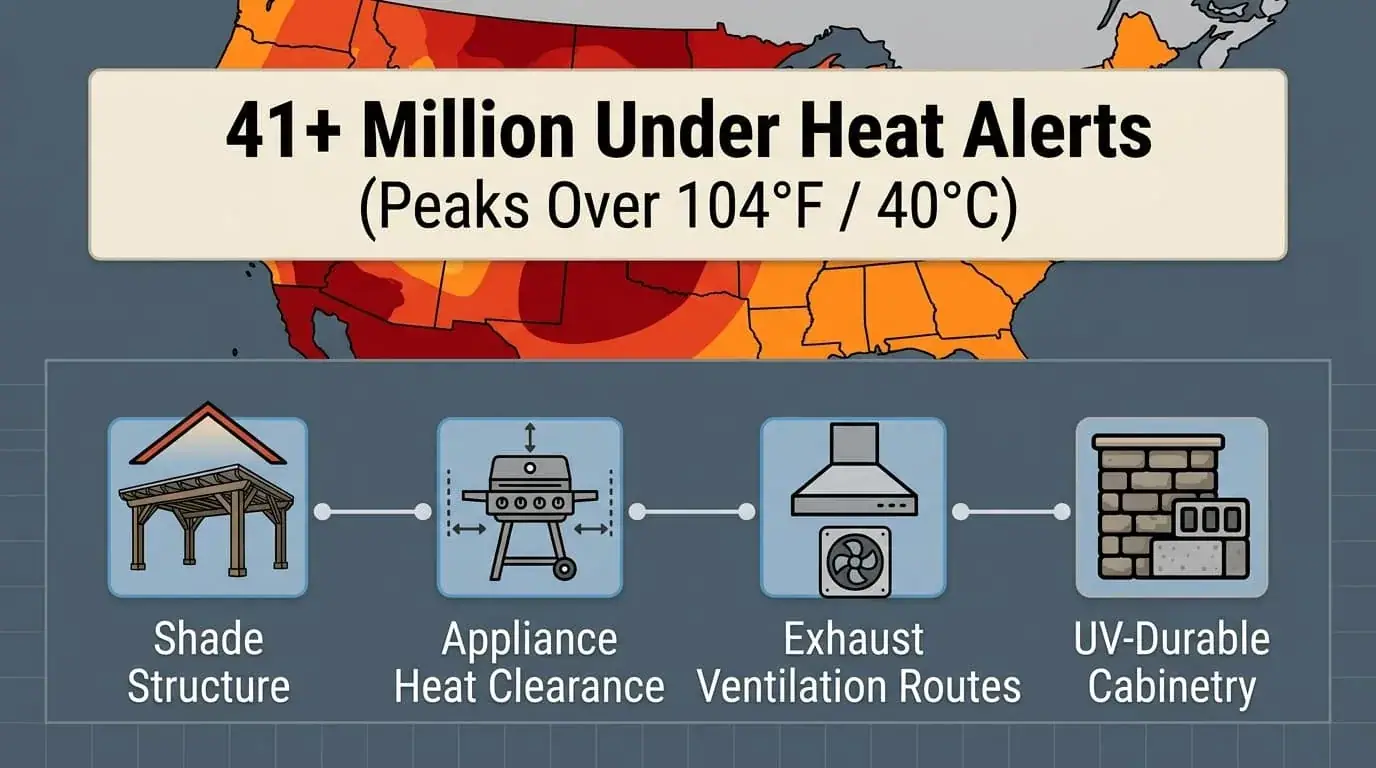 U.S. heat map titled 41 plus million under heat alerts, with shade, appliance clearance, ventilation, and cabinetry