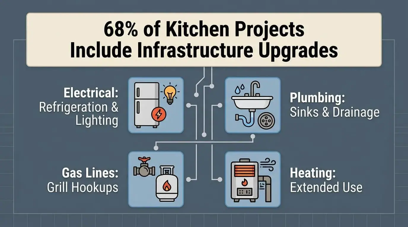 Graphic of electrical, plumbing, gas, and heating work, titled 68 percent of kitchen projects include infrastructure upgrades