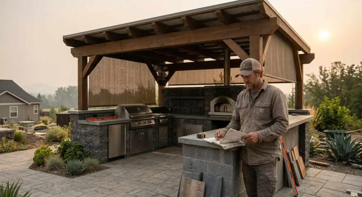 Contractor reviewing plans beside a covered outdoor kitchen with a grill and pizza oven
