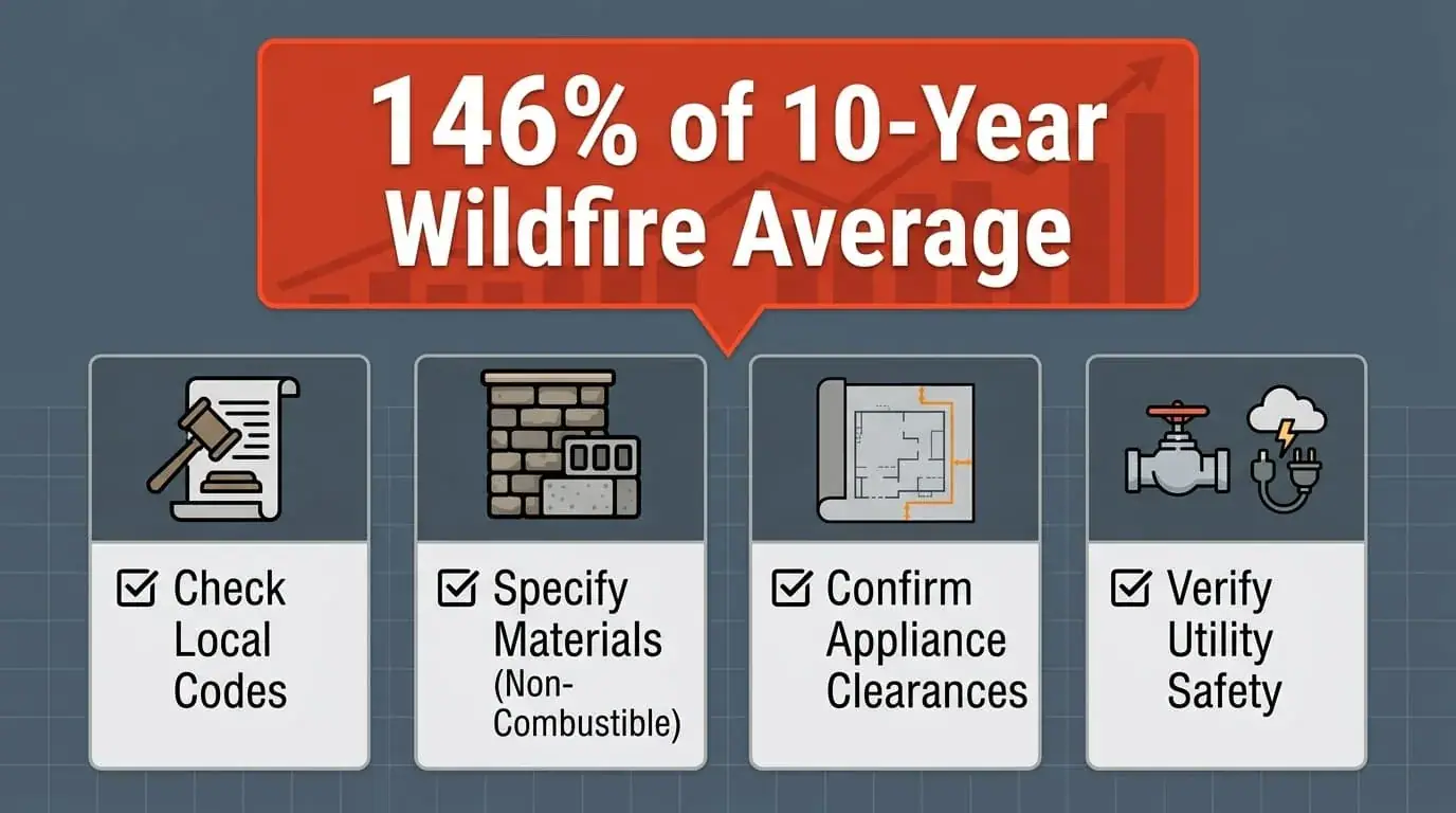 Checklist graphic for 146 percent of the 10-year wildfire average: local codes, materials, appliance clearances, and utility safety