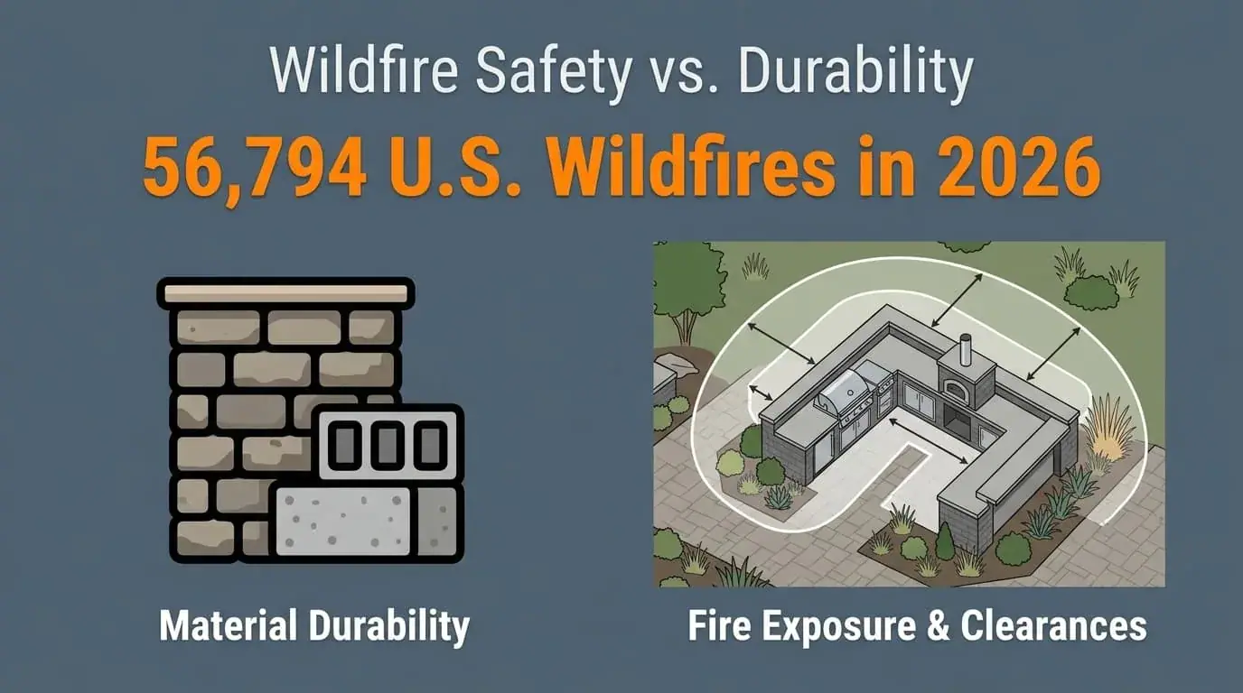 Graphic comparing material durability with fire exposure and clearances, titled 56,794 U.S. wildfires in 2026