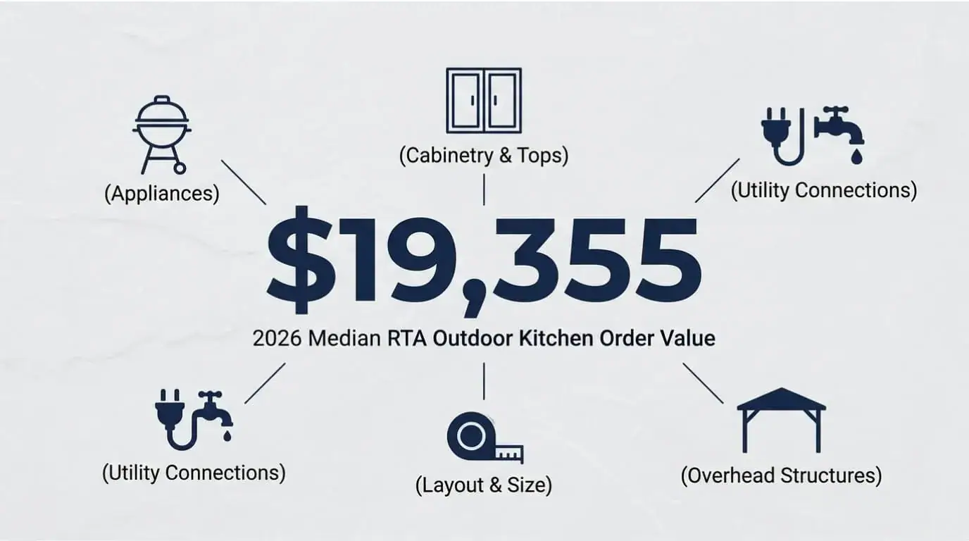 Diagram of the $19,355 median RTA outdoor kitchen order, with appliances, cabinetry, utilities, layout, and overhead structure