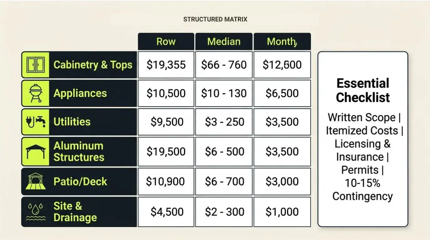 Budget checklist for an outdoor kitchen, aluminum structure, patio, and site work