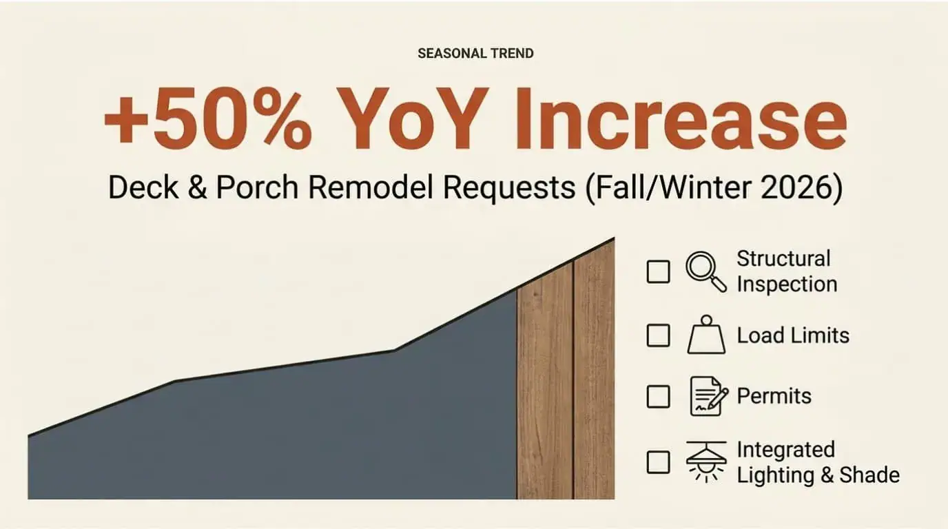 Graphic showing a 50% year-over-year rise in deck and porch remodel requests