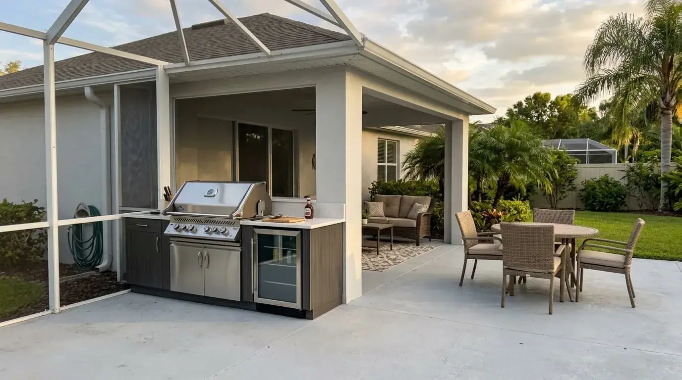 Outdoor kitchen with a grill and fridge under a covered lanai in a Florida backyard