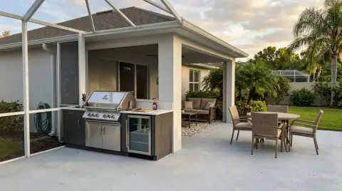 Outdoor kitchen with a grill and fridge under a covered lanai in a Florida backyard
