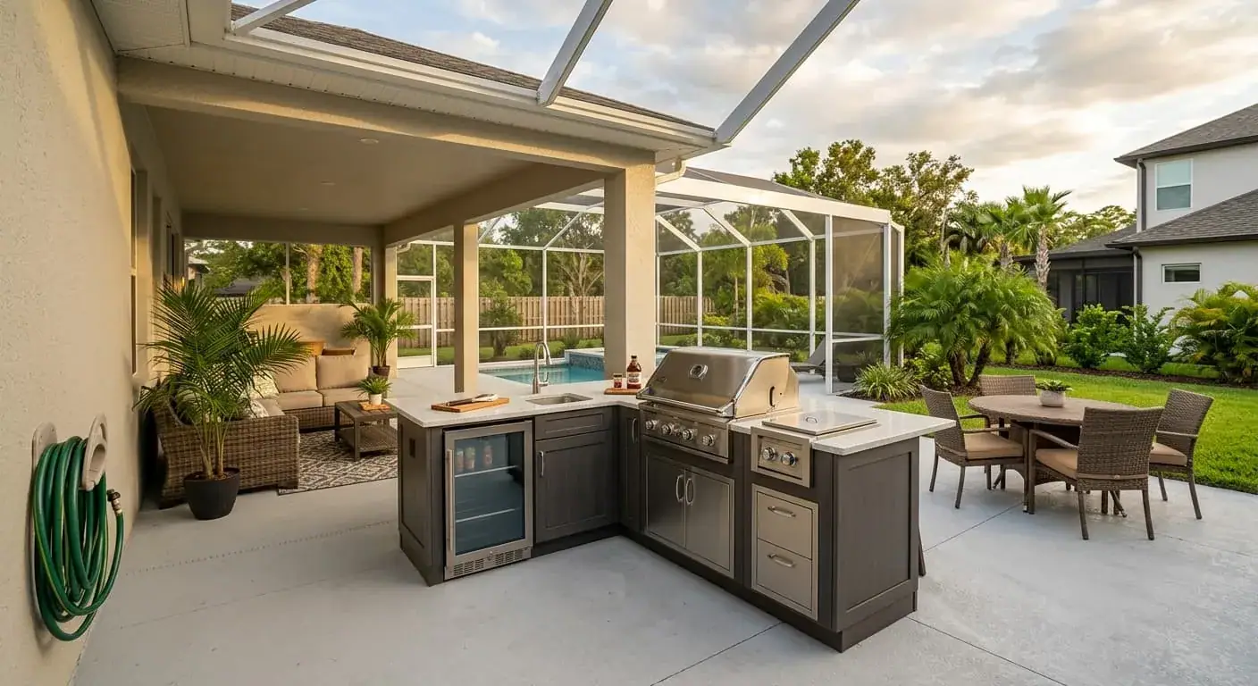 L-shaped outdoor kitchen with a grill and fridge beside a pool cage in a Florida backyard